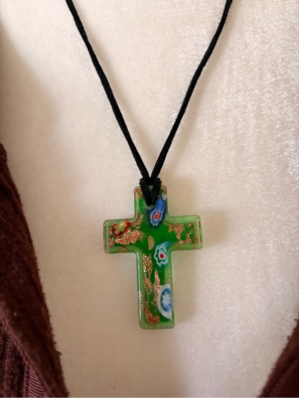 Green Cross Pendant Necklace - Handmade Millefiori Design - Picture 2 of 2